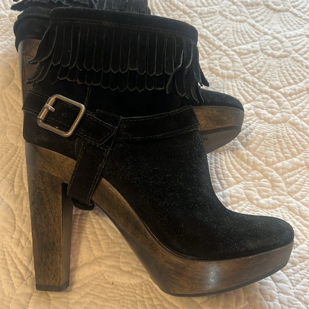 Juicy Couture Black Suede Fringe Ankle Platform heel Boots